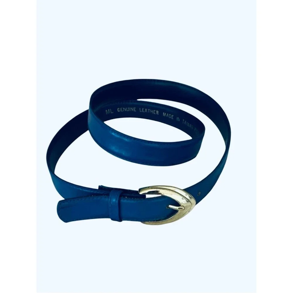 R.O.C Women's Blue Skinny Belt Genuine Leather Size M/L Brass Buckle